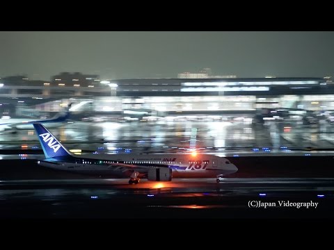 4K 東京国際空港 羽田夜景 Night View of Tokyo Int&#039;l Airport(Japan Haneda) | Plane Spotting 飛行機着陸 Rainy Runway