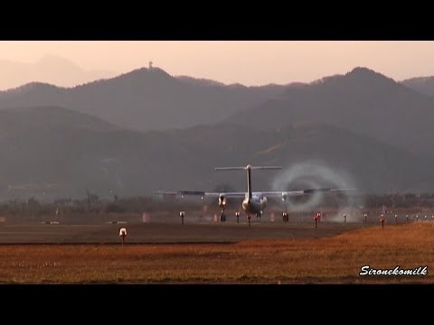 渦巻くタイヤスモーク whirlpool of tire smoke ANA Wings Bombardier DHC-8-Q400 lands at Sendai Airpor 仙台空港