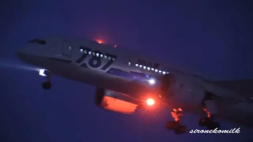 ANA BOEING 787-8 DREAMLINER Night Take off from Akita Airport in Winter