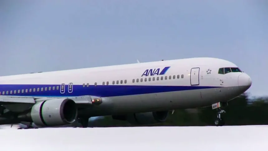 Eight domestic passenger planes arriving and departing at Akita Airport in winter