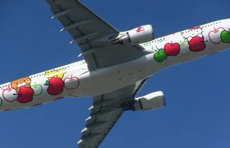 EVA AIR Hello Kitty Jet Loves Apples Library AIRBUS A330-300 Take off from Tokyo Narita Int'l Airport