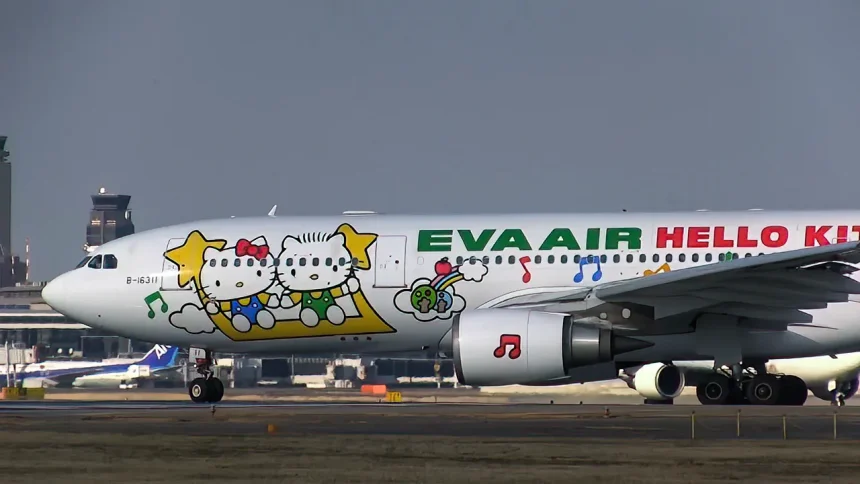 EVA AIR Hello Kitty Jet Happy Music Time Take off from Narita International Airport