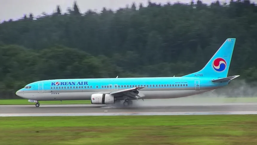 Korean Air Boeing 737-900 HL7725 landing to Akita Airport in the Rain