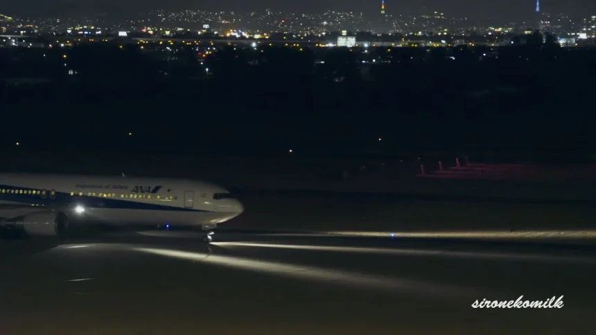 Night plane spotting at Sendai Airport in Japan