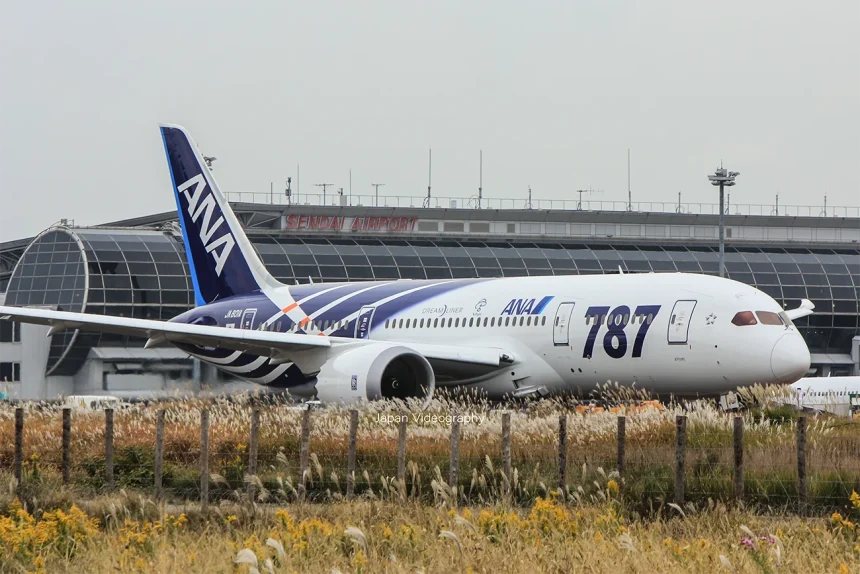 Eight domestic and international airliners arriving and departing at Sendai Airport