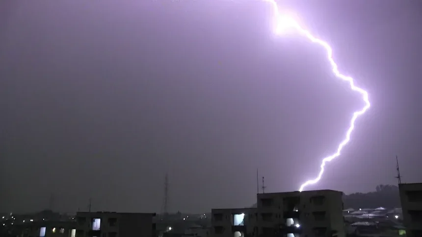 Thunder and lightning strikes in Sendai City, Miyagi prefecture Japan